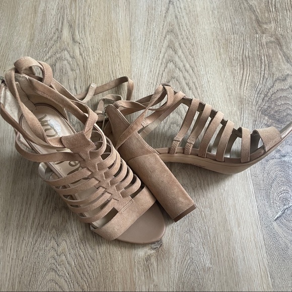 SAM EDELMAN | yarina caged strappy suede block heels, camel - Picture 3 of 9